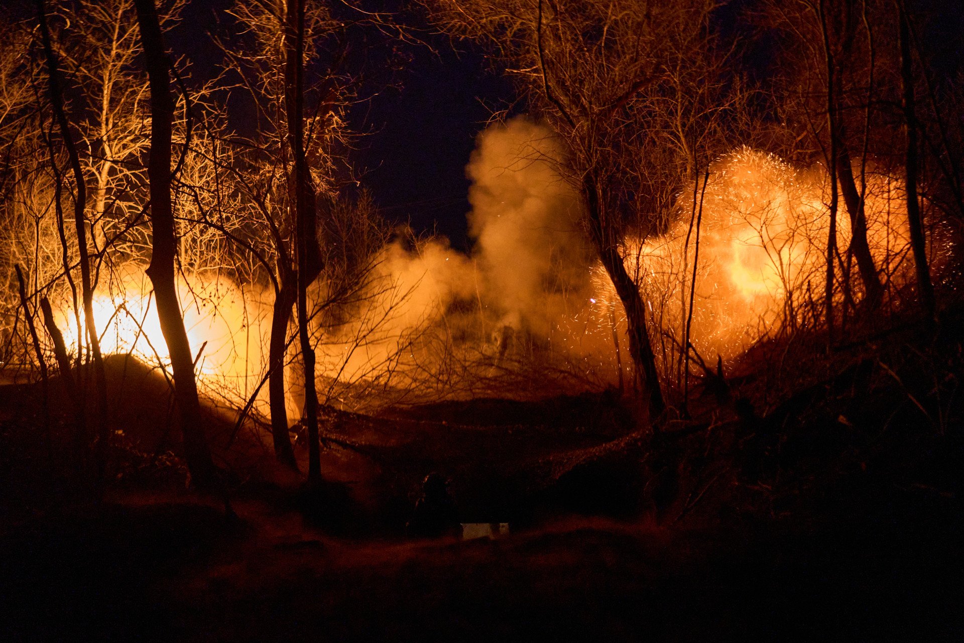 A shot in the dark. The blast wave kicks up dust as sparks fly from the charge. (Photo by Mykyta Shandyba) A shot in the dark. The blast wave kicks up dust as sparks fly from the charge. (Photo by Mykyta Shandyba)