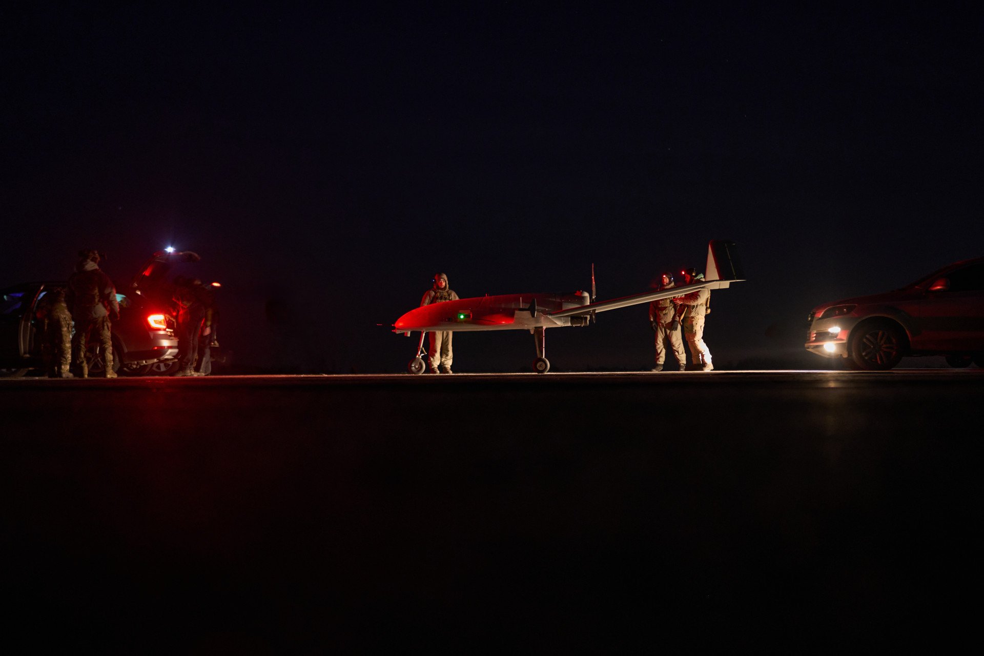 A team of servicemen checks the final settings before launching the drone to its programmed target. Liutyi Drone Deep Strike Ukraine